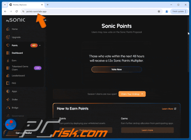 Appearance of Sonic Vote Rewards scam