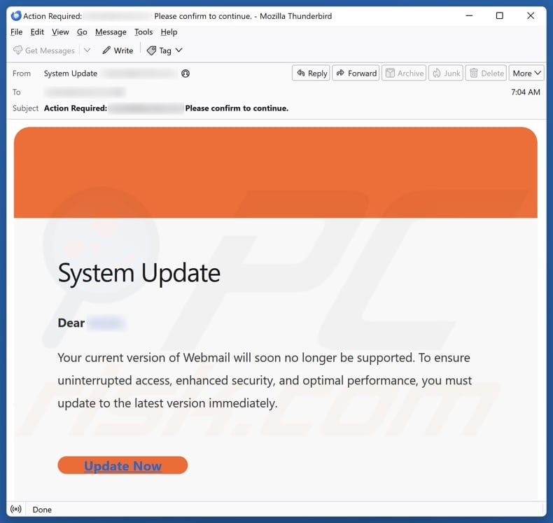 System Update email spam campaign