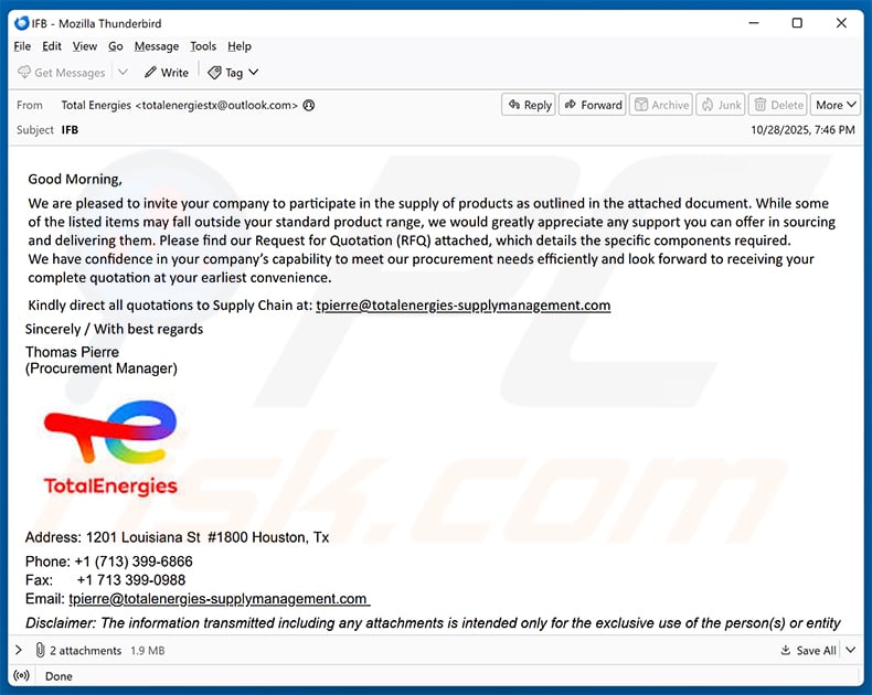TotalEnergies email scam (2025-10-29)