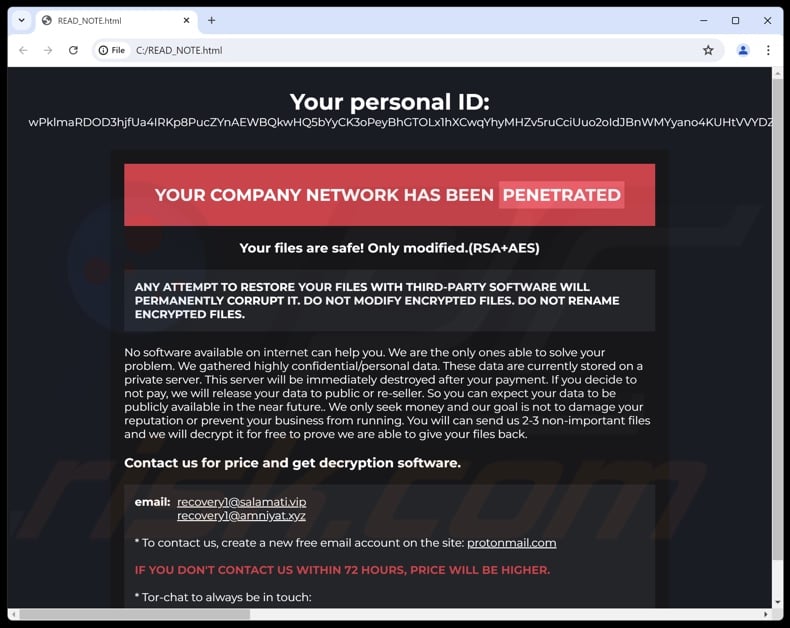 Trap ransomware ransom note (READ_NOTE.html)