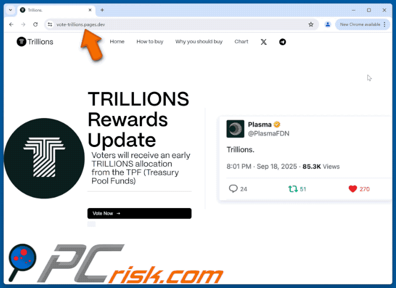 Appearance of the fake TRILLIONS Vote Reward website (GIF)