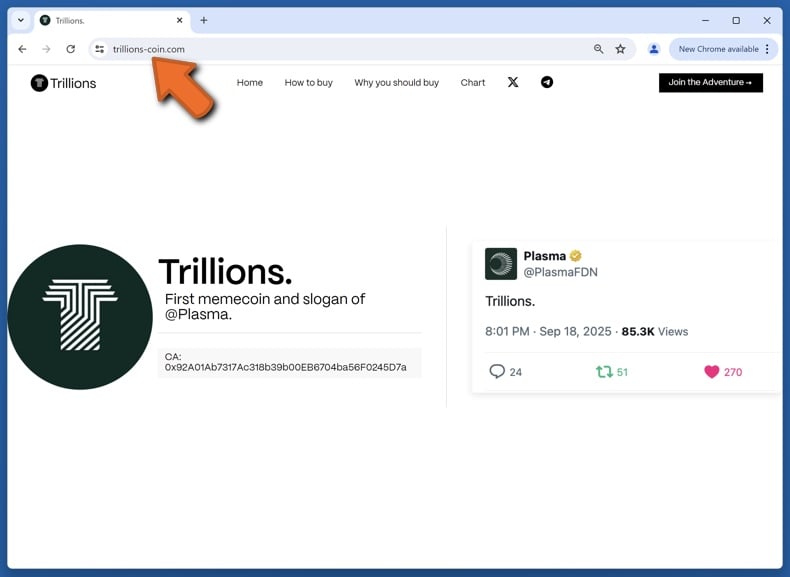 Appearance of the real TRILLIONS memecoin website (trillions-coin.com)