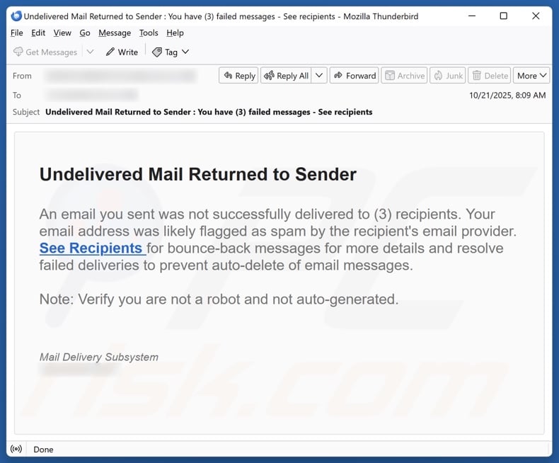 Undelivered Mail Returned To Sender email spam campaign