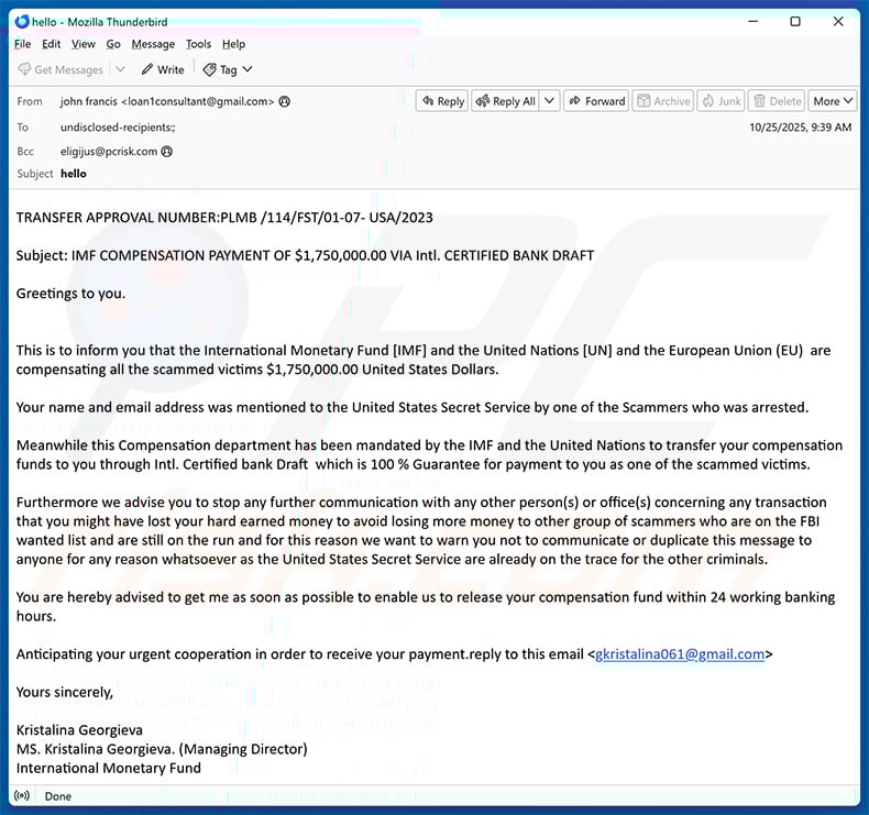 United Nations scam victim compensation email scam (2025-10-27)
