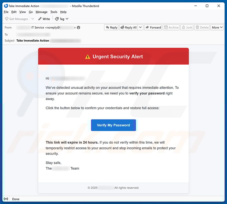 Urgent Security Alert email scam (2025-10-09)