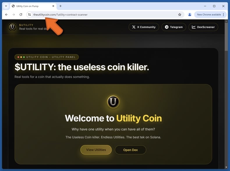 Appearance of the real Utility Coin website (theutilitycoin.com)