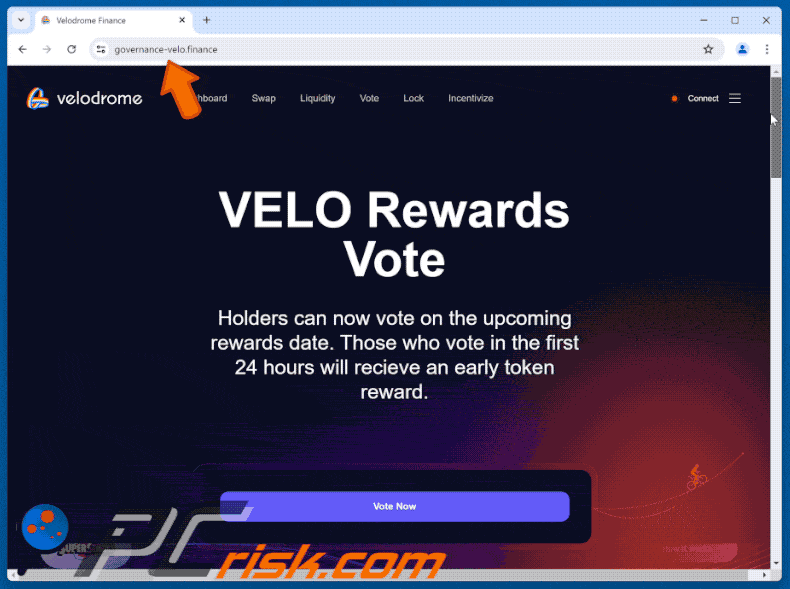 Appearance of Velodrome Finance ($VELO) Vote Rewards scam