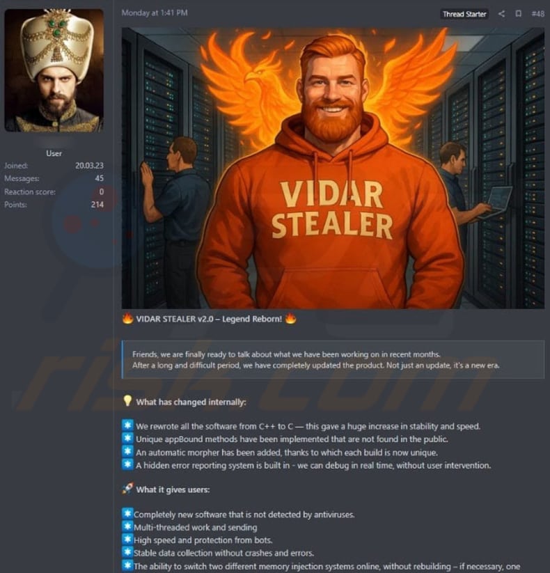 Vidar 2.0 Trojan release announcment