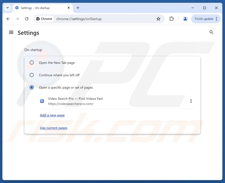 Removing videosearcherpro.com from Google Chrome homepage