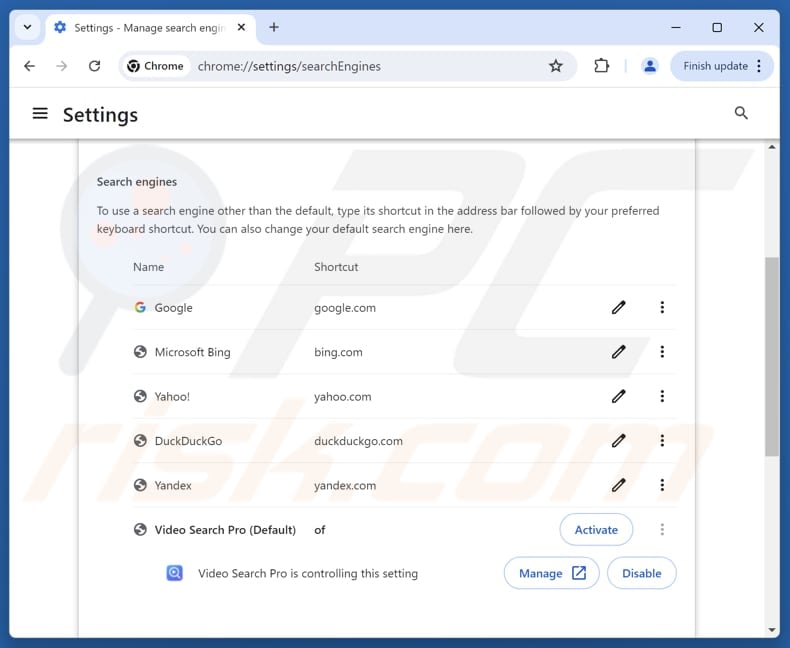 Removing videosearcherpro.com from Google Chrome default search engine