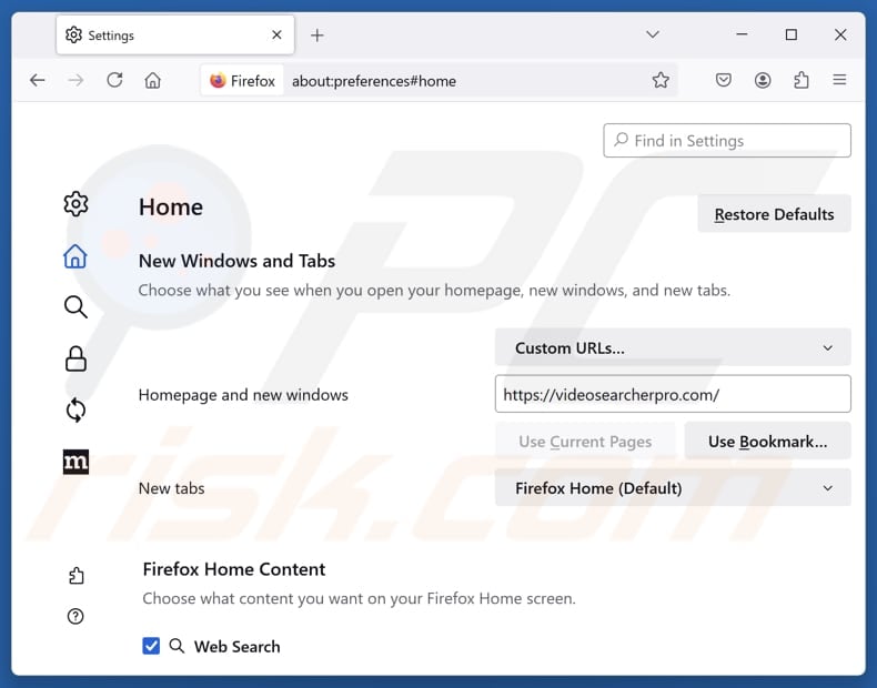 Removing videosearcherpro.com from Mozilla Firefox homepage