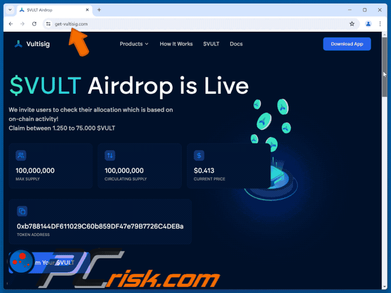 Appearance of the fake Vultisig ($VULT) Airdrop website (GIF)
