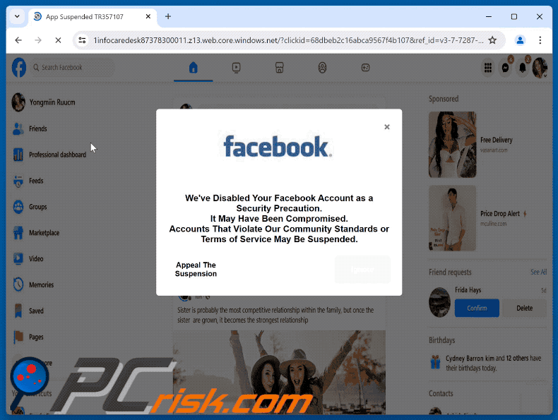 Appearance of We've Disabled Your Facebook Account scam