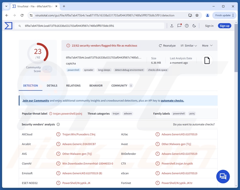 WebSocket malware detections on VirusTotal
