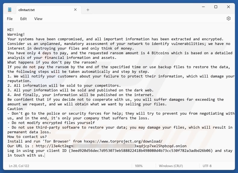 White Lock ransomware ransom note (c0ntact.txt)