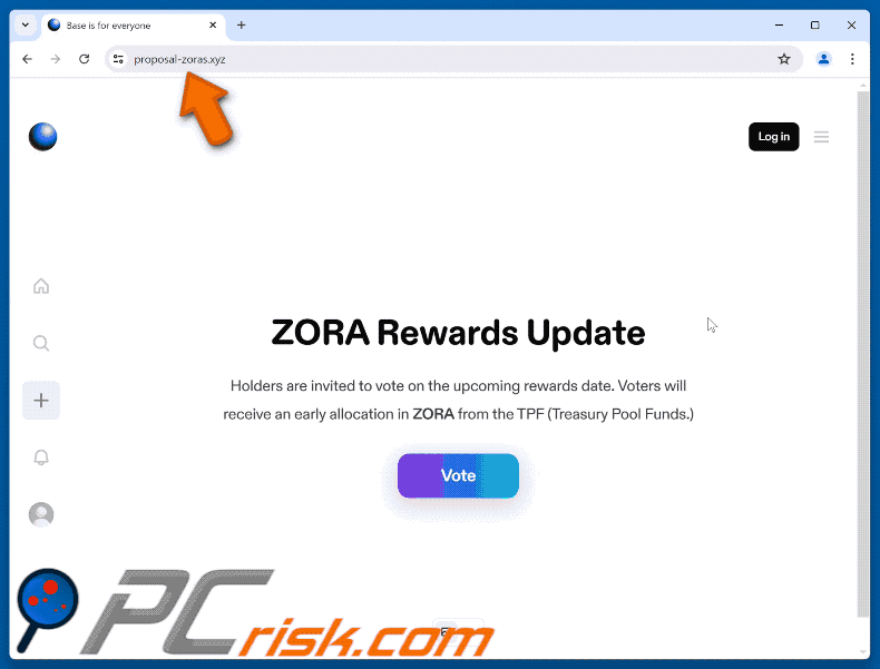 Appearance of the fake Zora Vote Rewards website (GIF)