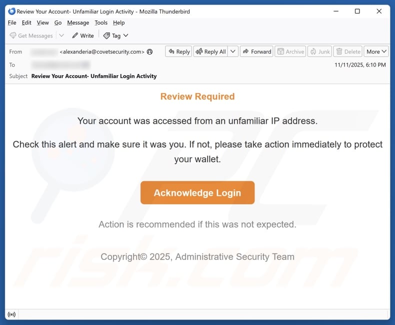 Account Accessed From An Unfamiliar IP Address email spam campaign