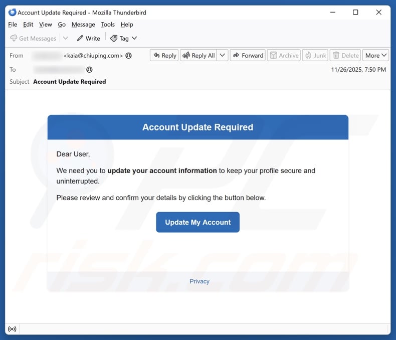 Account Update Required email spam campaign