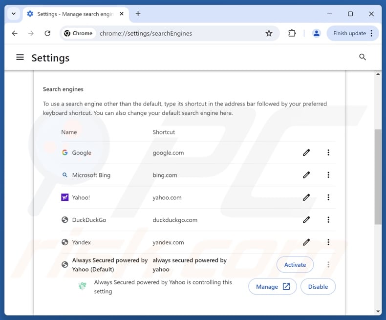 Removing alwayssecuredsearch.com from Google Chrome default search engine