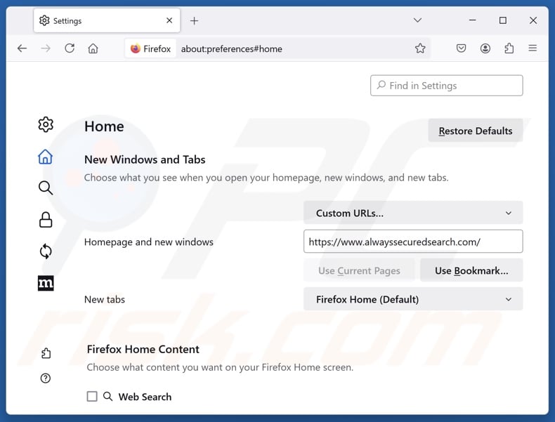 Removing alwayssecuredsearch.com from Mozilla Firefox homepage