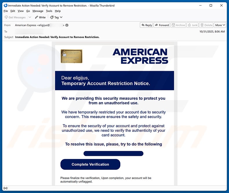 American Express - Account Restricted email scam (2025-11-04)