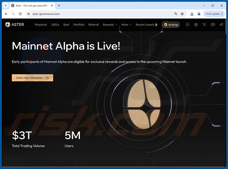 Aster allocation drainer website (aster-governance[.]com)