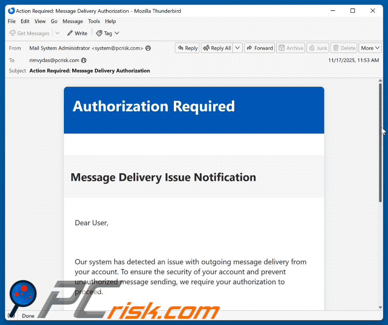 Authorization Required - Message Delivery Issue Notification scam email appearance (GIF)