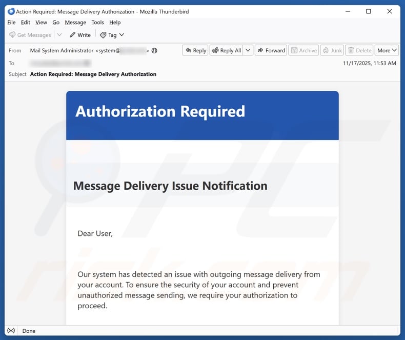 Authorization Required - Message Delivery Issue Notification email spam campaign