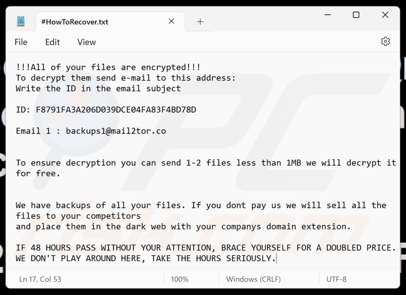Bactor ransomware ransom note (#HowToRecover.txt)