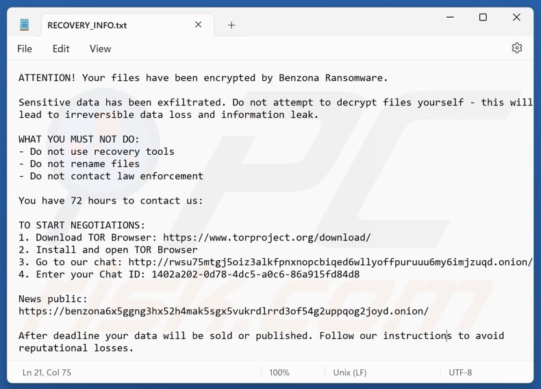 Benzona ransomware ransom note (RECOVERY_INFO.txt)
