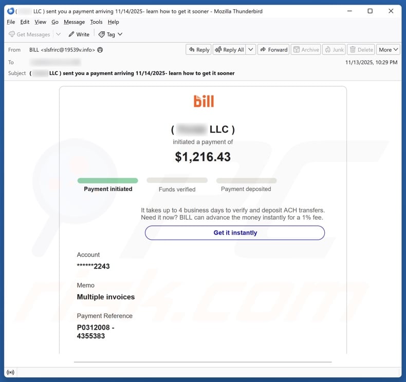 Bill Holdings - Initiated Payment email spam campaign