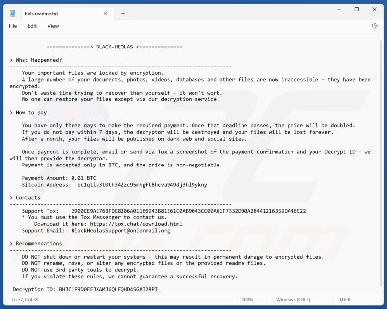 BLACK-HEOLAS ransomware ransom note (hels.readme.txt)