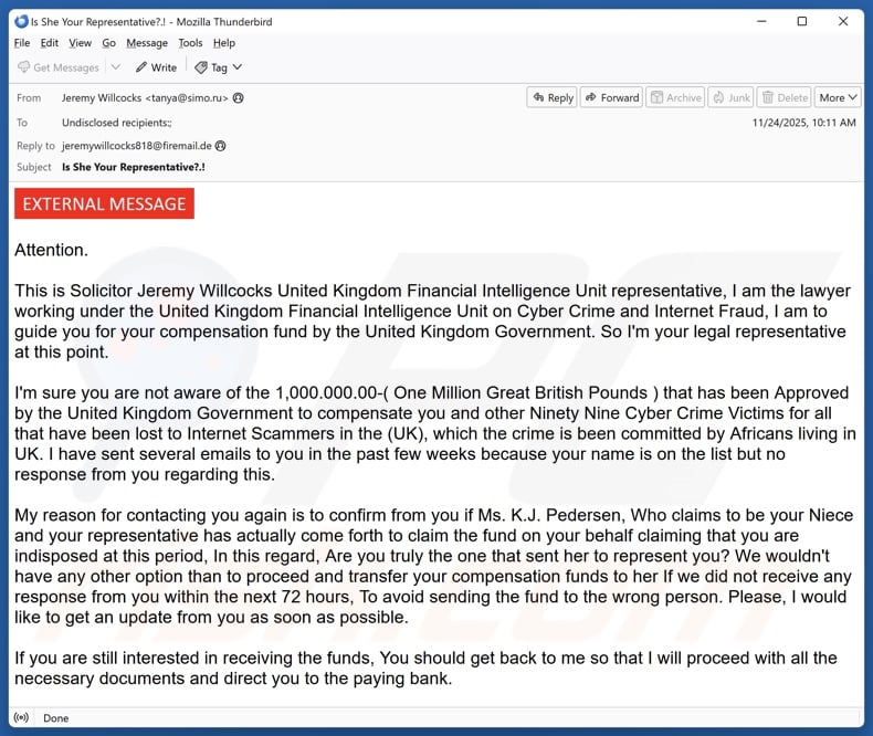 Compensation To Cyber Crime Victims email spam campaign