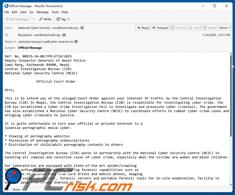 Court Order Against Your Internet Traffic scam email appearance