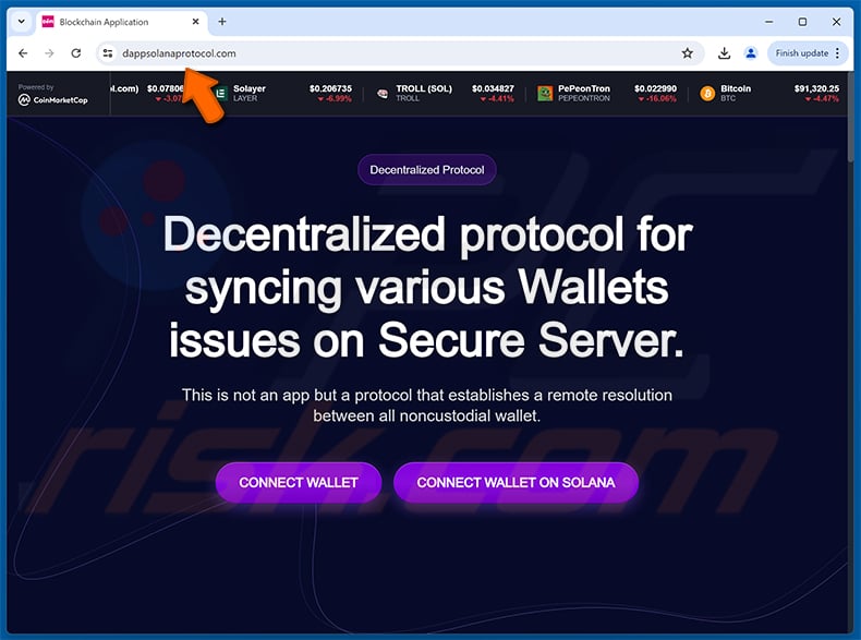 Decentralized Protocol drainer website - dappsolanaprotocol[.]com