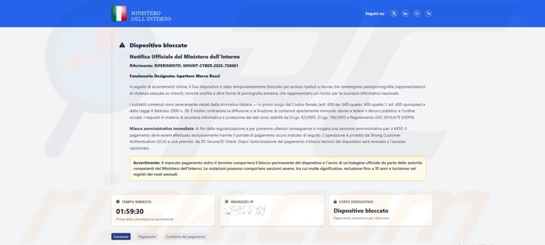 Appearance of Device Locked Due To Access To Illegal Content scam (Italian variant)