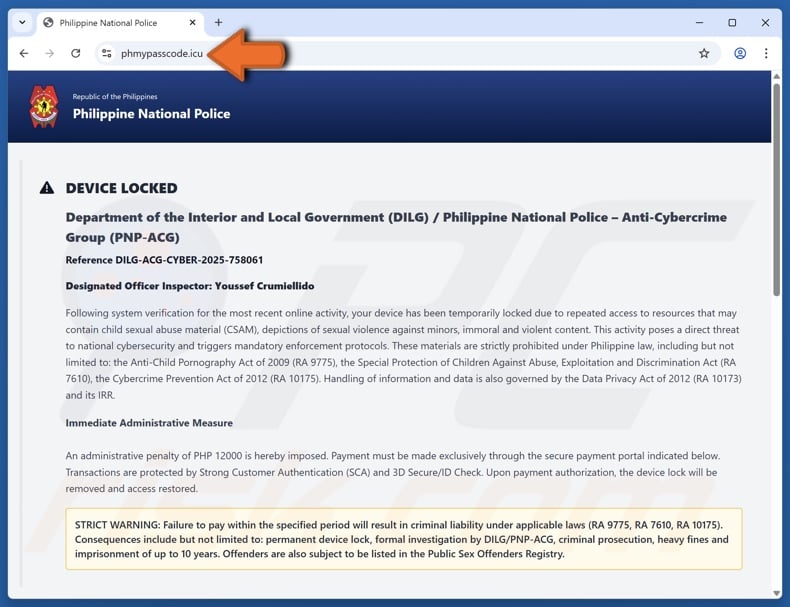 Device Locked Due To Access To Illegal Content scam (English variant)