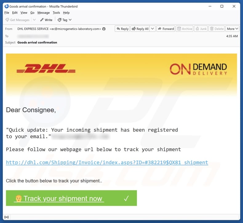 DHL - Shipment Registered To Your Email email spam campaign