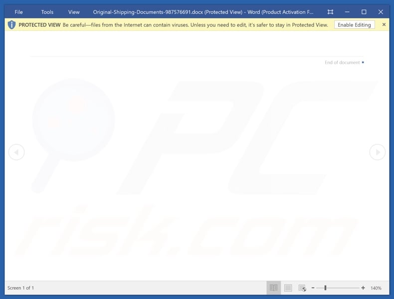 Malicious attachment distributed through DHL - Soft Copies Of Your Shipping Documents spam campaign (Original-Shipping-Documents-987576691.docx)