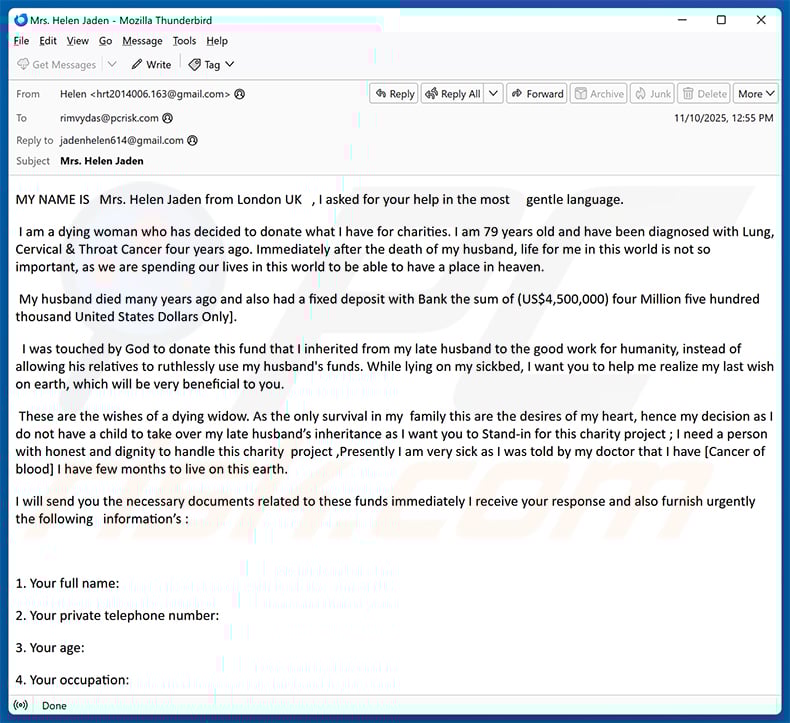 Donation To Charity Through You email scam (2025-11-11)