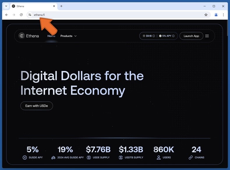 Appearance of the real Ethena website (ethena.fi)