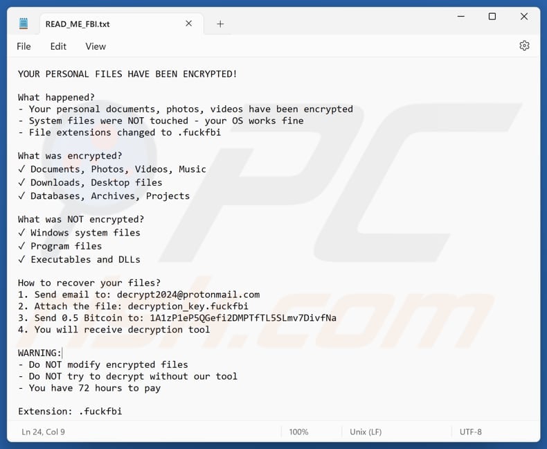 F*ckFBI ransomware text file (READ_ME_FBI.txt)