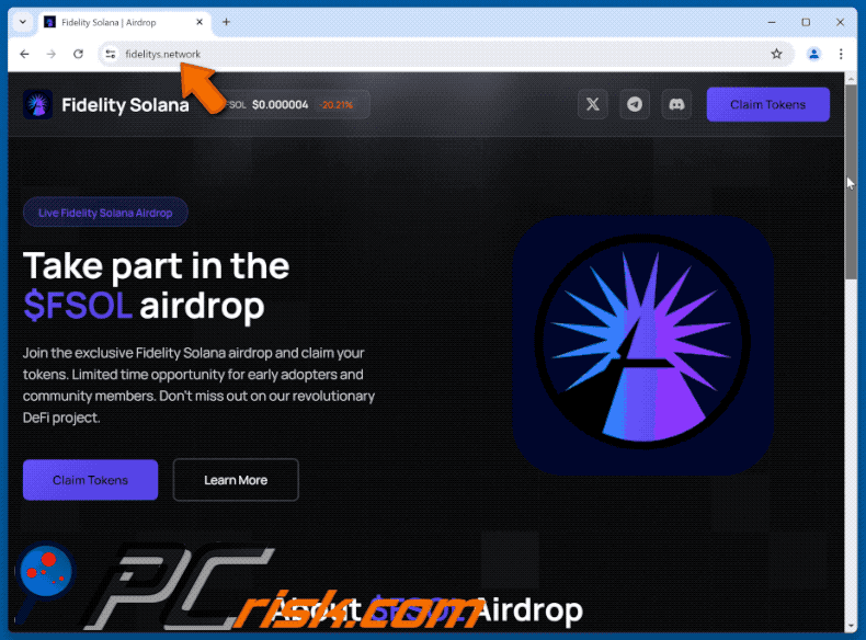 Appearance of the fake Fidelity Solana Airdrop website (GIF)