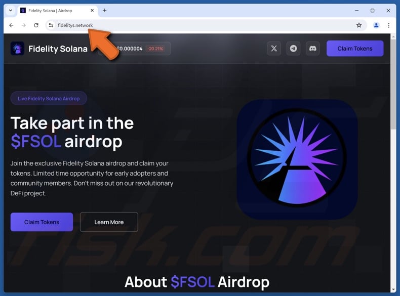 Fake Fidelity Solana Airdrop website