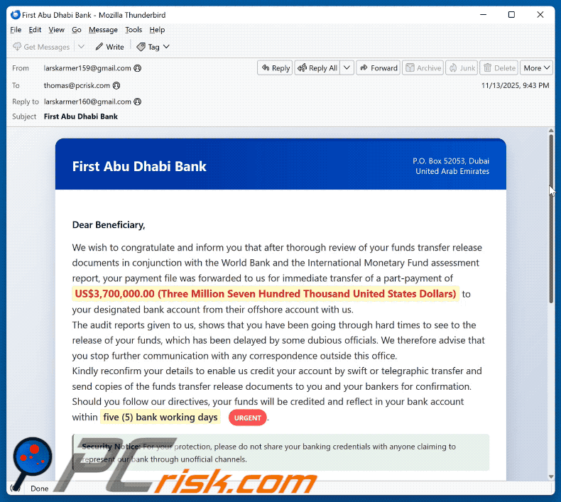 First Abu Dhabi Bank - Funds Transfer Documents scam email appearance (GIF)