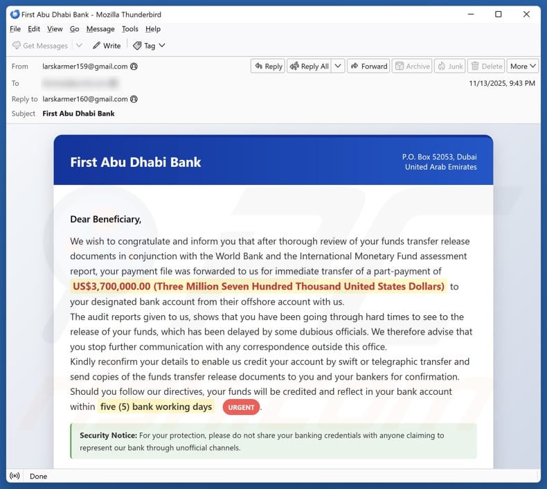 First Abu Dhabi Bank - Funds Transfer Documents email spam campaign