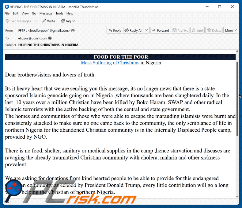 Food For The Poor Email Scam appearance