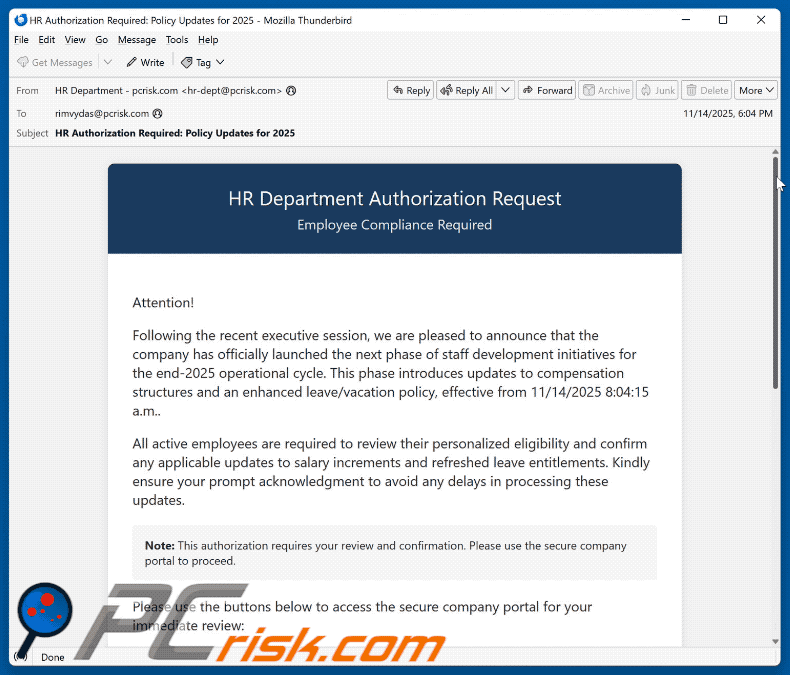 HR Department Authorization Request scam email appearance (GIF)