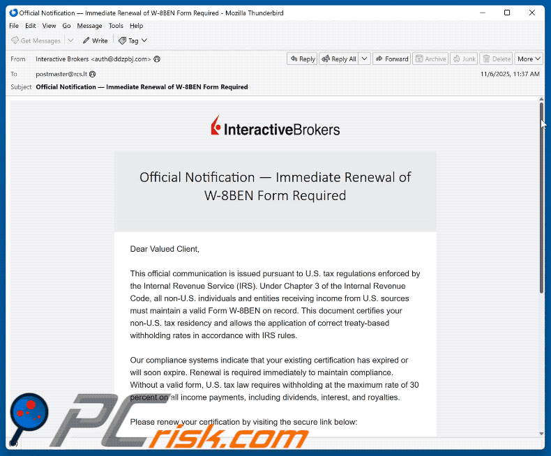Interactive Brokers - Renewal of W-8BEN Form Required scam email appearance (GIF)