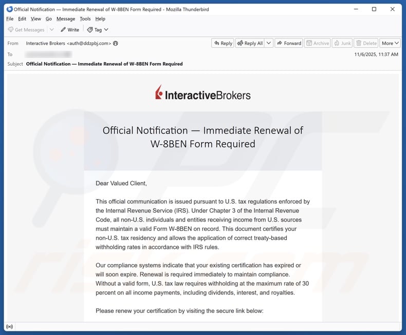 Interactive Brokers - Renewal of W-8BEN Form Required email spam campaign